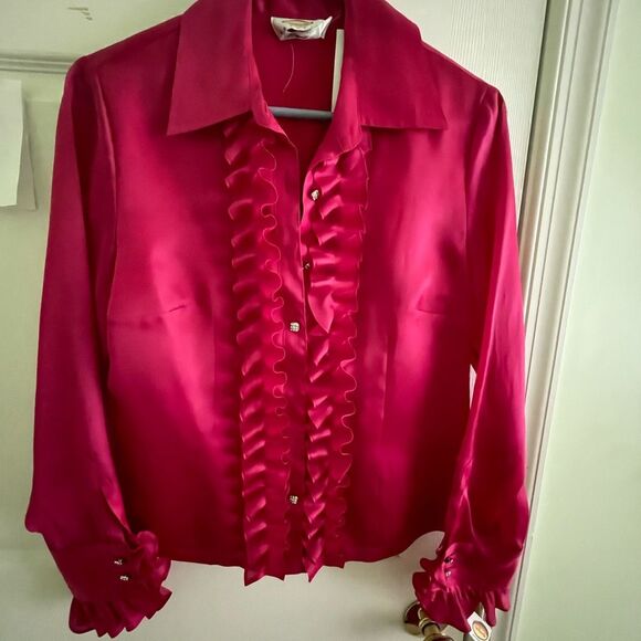 Talbots Silk blouse - Size 10 Petite - Deep Pink - Long Sleeve Ruffle Blouse - Picture 8 of 8